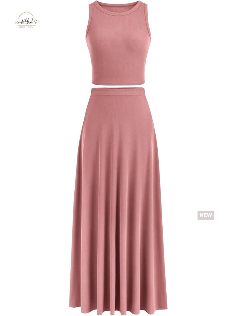 2 Piece Knit Maxi Skirt Set With Crop Top High Waisted Summer Outfit